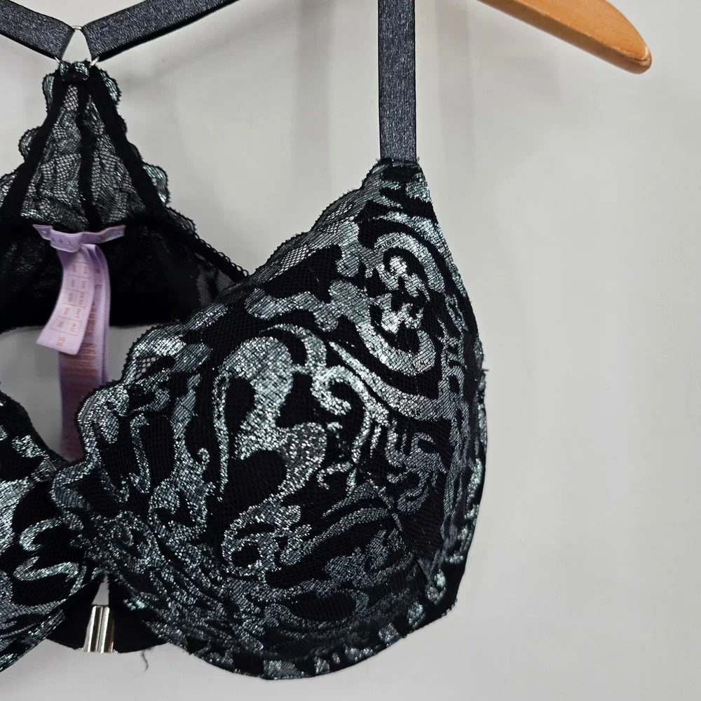Savage X Fenty Black Silver Metallic Lace Front Close Push Up Bra 38D Racerback